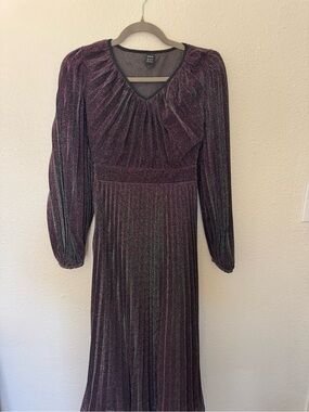 Metallic Plum Long-Sleeve Pleated Midi Dress